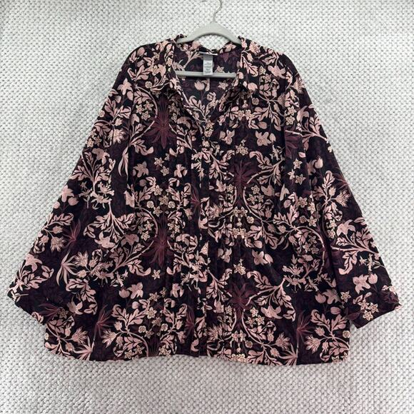 Catherines Top Women 3X Black Pink Floral Pleated Button Up Long Sleeve Collared - Picture 1 of 12